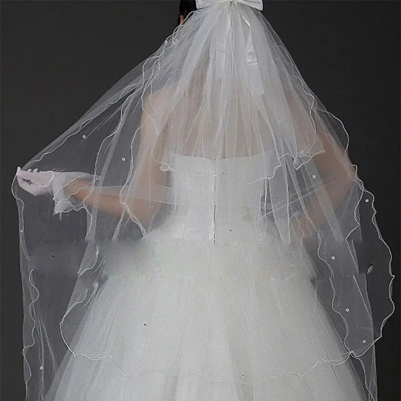 ชุดแต่งงาน Tulle Veils Ivory Bowknot เจ้าสาว Multi Layer ผมหวี Veil Faux ไข่มุกเจ้าสาว Fairy แต่งงานอุปกรณ์เสริม