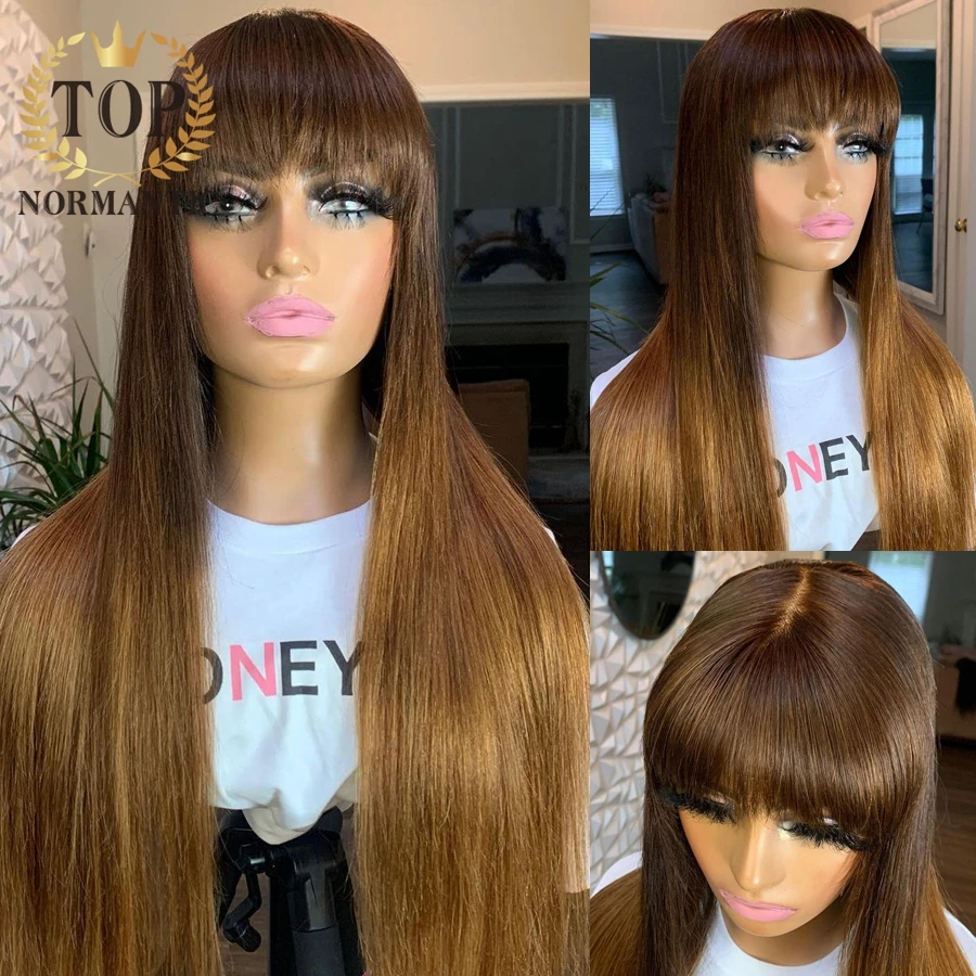 Topnormantic Ombre Brown Color 13x4 Lace Front Wigs With Bang Brazilian Remy Human Hair Silky Straight Wig Preplucked