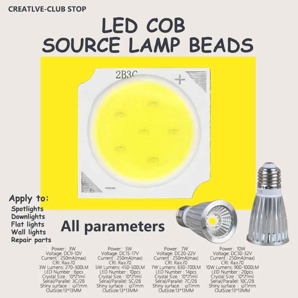 Perles de lumière LED COB 3W/5W/7W/10W, puce Source 13mm pour ampoule LED, projecteur, lampe Diode, 10 pièces