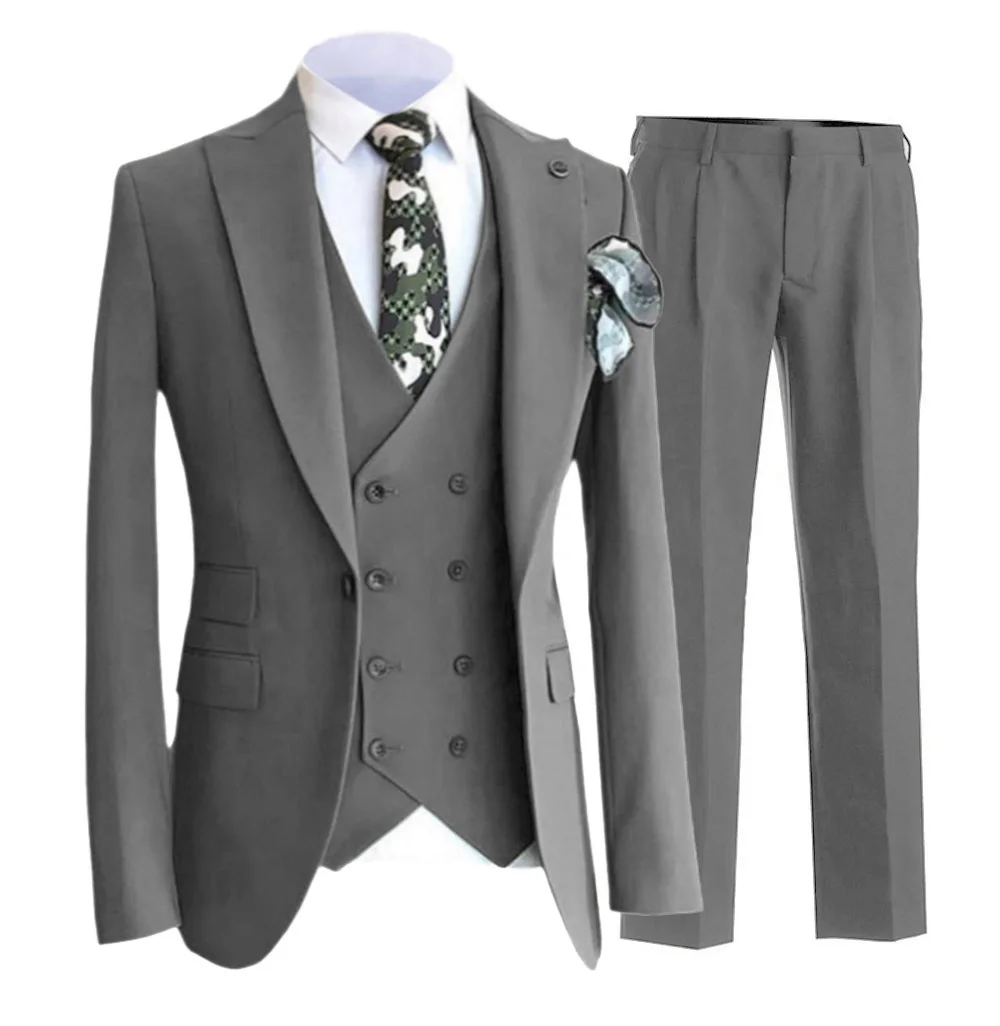 

SOLOVEDRESS Men's Suit Grey Slim Double-breasted Lapel Business Meeting Wedding Groom Customization (blazer + vest + pants)