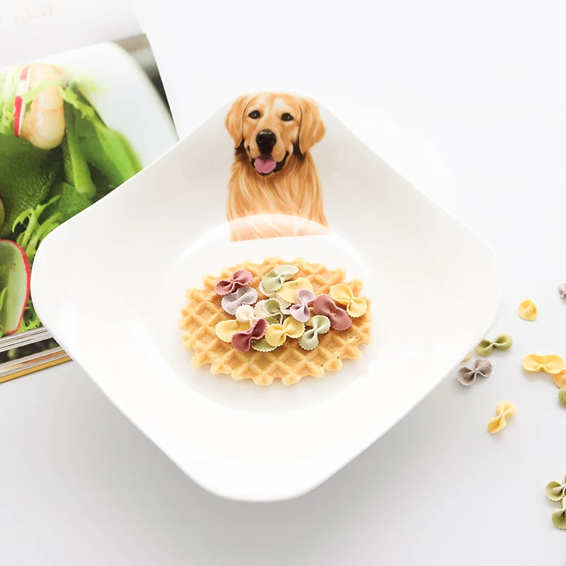 

2PCS 3D Dog Cat Printed Dinner Plate Home Decoration Bone China square Steak Cake Dishes Fruit Ceramic Kitchen Plates Container