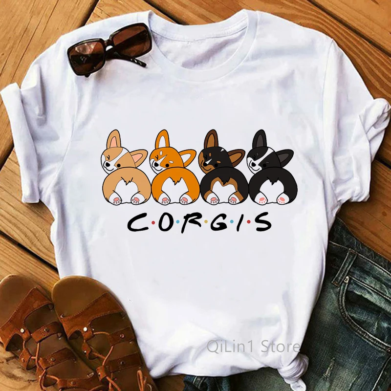 Women Clothes 2024 Summer Cartoon Corgis Print Funny Graphic T Shirts Girls Cute Top Female T-Shirts Dog Lover Birthday Gift Tee