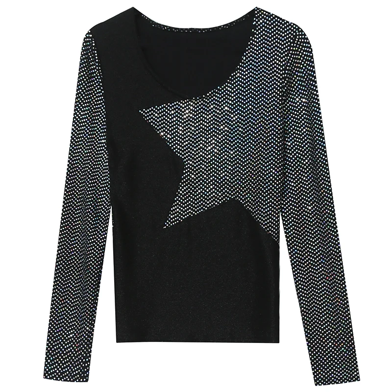 T-shirt Bling Bling lucido donna nuovo 2022 paillettes stella Patchwork maglie a manica lunga maglietta Casual in cotone primavera ropa mujer T02312B