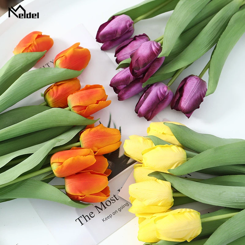 Meldel Artificial Flower Silk Tulip Real Touch Fake Tulip Single Branch DIY Bouquet Flower Arrangement Home Party Wedding Decor