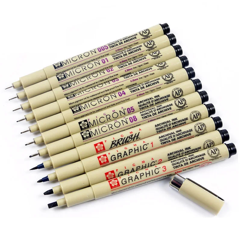 Pigment Liner Pigma Pen Pennarello ad ago micron 0,05 0,1 0,2 0,3 0,4 0,5 0,8 Pennello Punta diversa Penna per schizzi Fineliner nera