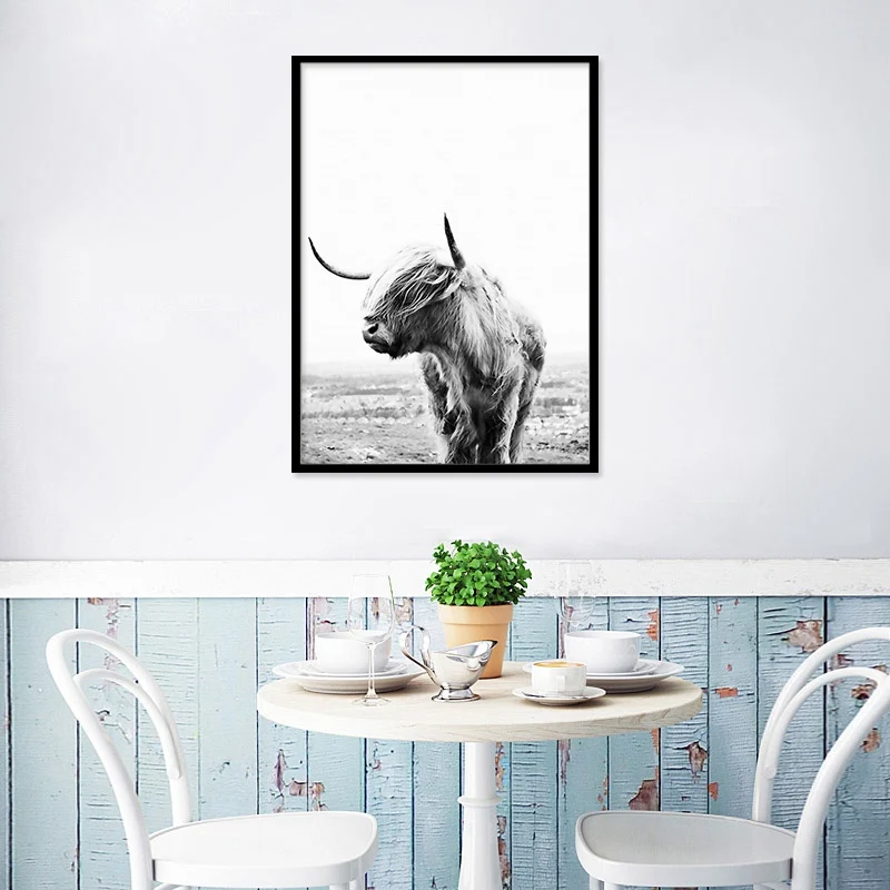 Nordic Oxen Wall Art Posters and Prints Black White Highland Cow Canvas Painting Picture For Living Room Yak Home Decor No Frame