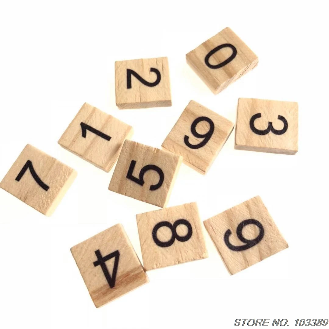 10bags of 10pcs/pack natural wood color varnished wooden tiles, wooden numbers form 0 to 9 per pack