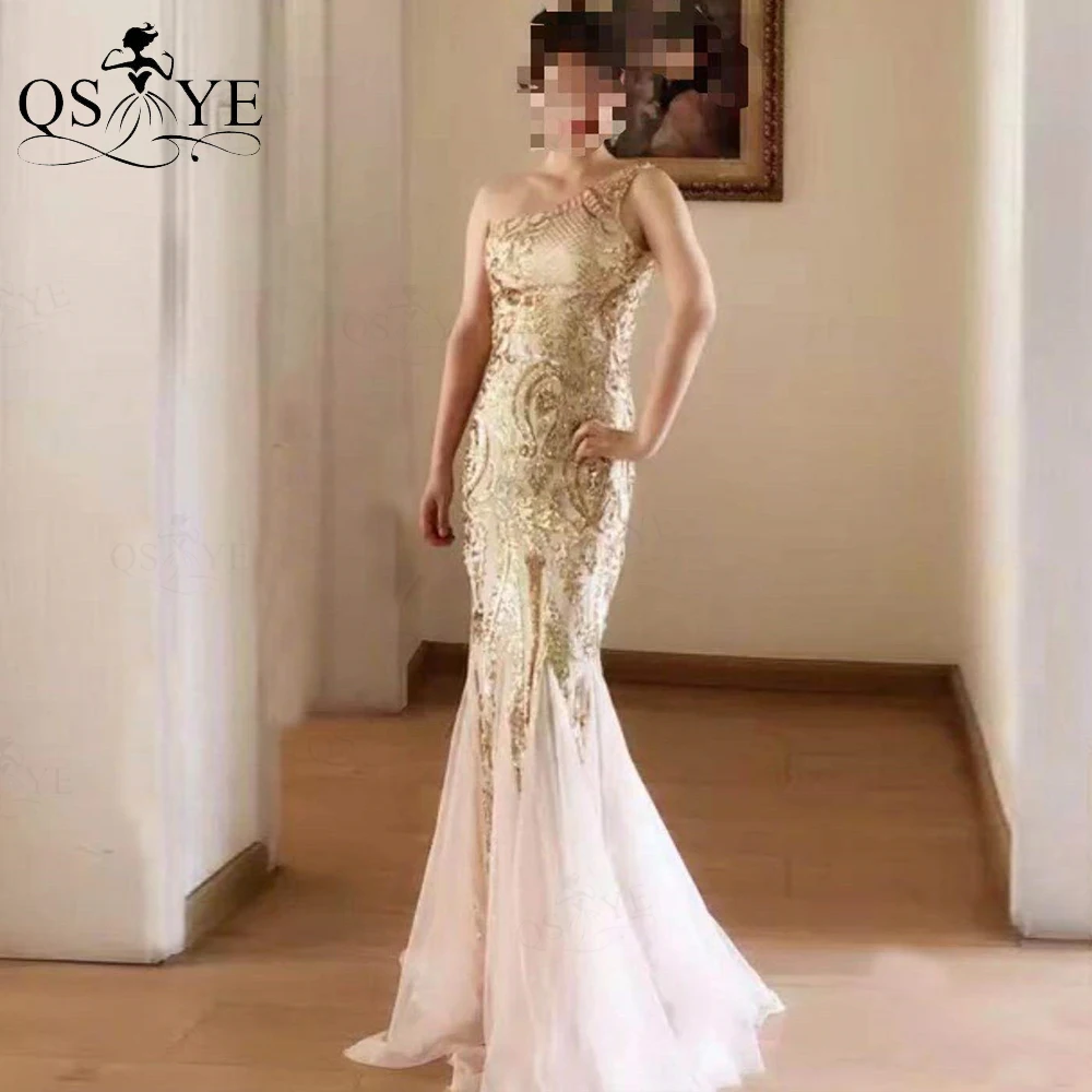 Goud Avondjurken Mermaid Een Schouder Goedkope Avondjurk Glitter Elegante Lange Party Dress Golden Sequin Formele Gown Tulle