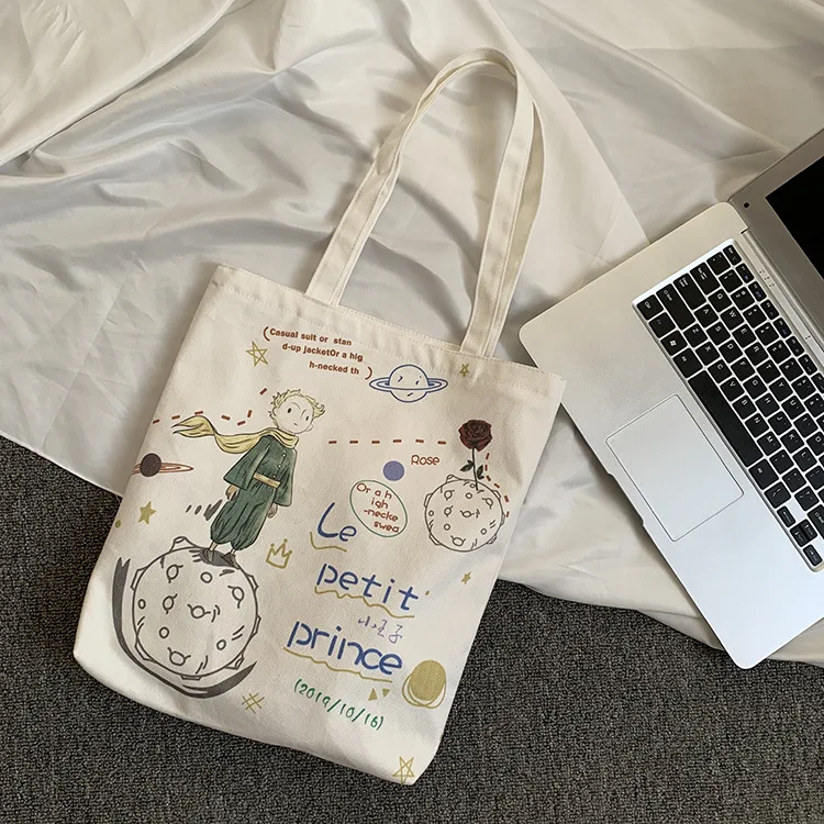 

New Little Prince Pattern Shoulder Bags Large Capacity Canvas Tote Bag Cartoon Print Women Shopper Bags Eco Student Handbag