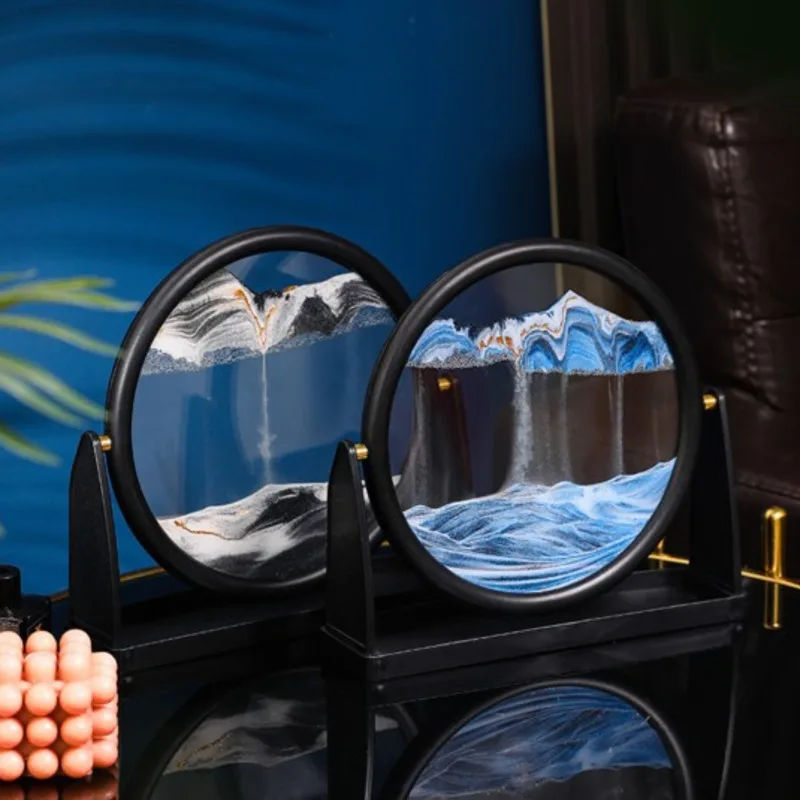 12inch 360° Rotatable Sandscape Moving Sand Art Round Moving Hourglass Sandscape In Motion Display Flowing Sand Frame Home Decor
