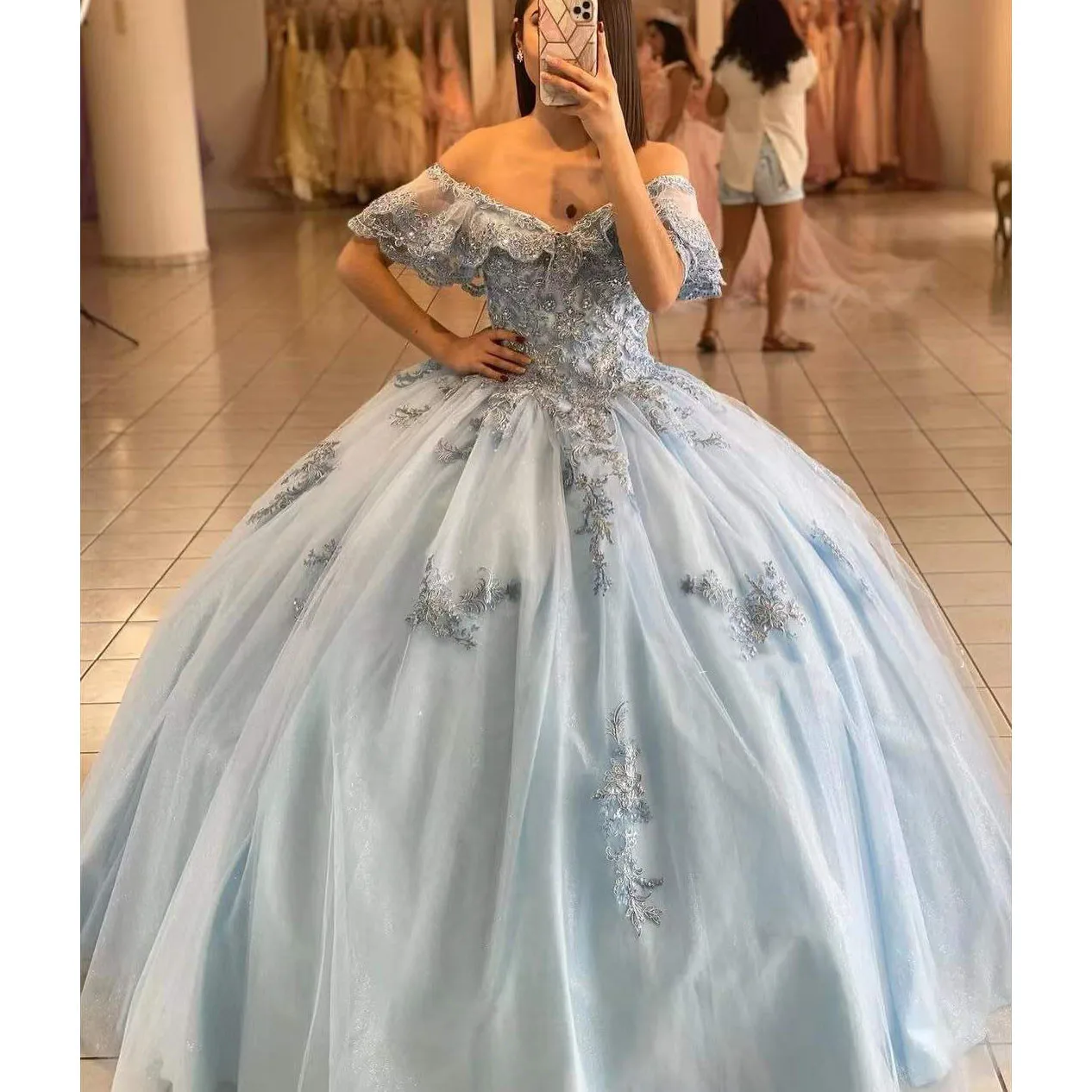 Vestido De quinceañera azul claro, vestido De baile con cuentas, apliques De lentejuelas, sin hombros, Formal, para fiesta De graduación, 15 Años