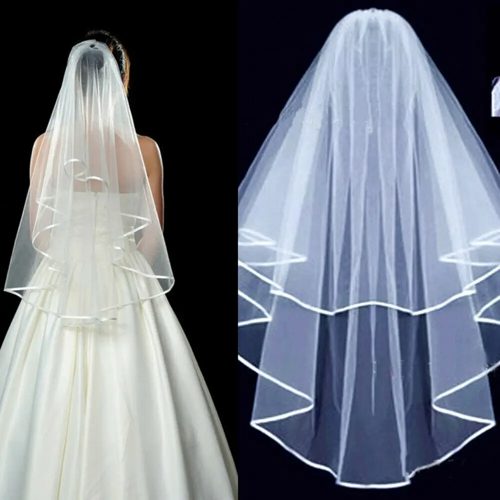 2 Tier White Ivory Cathedral Wedding Veil with Comb Elbow Length Bride