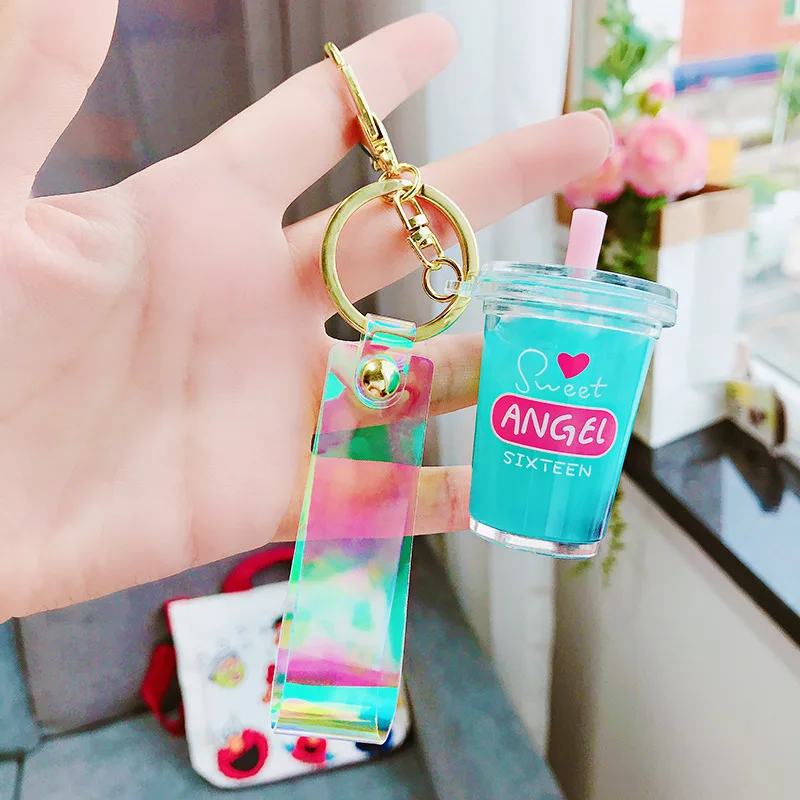 Creative Mini Soft Drink Keychain Milk Tea Beverage Bubble Tea Keyring Moving Liquid oil Drop Decompression Keyfob Jewelry Gift