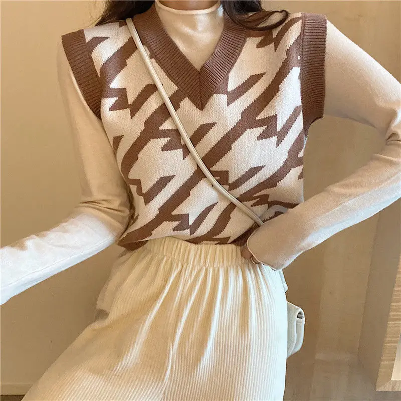 Sweater Vest Women Geometric Printed Simple New Korean Style Tricot Office Warm High Quality V-Neck  All-match Female Jumpers