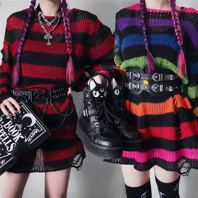 Gotycki Punk gotycki sweter swetry oversize kobiet w paski fajny sweter z dziurami i złamanym swetrem Harajuku