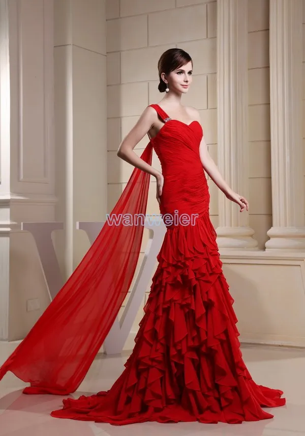 free shipping 2016 new arrival hot fairy tale dress one shoulder custom size/color red crystal mermaid chiffon bridesmaid dress