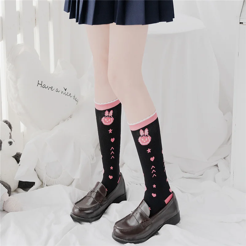 Harajuku Cute Strawberry Women High Socks Japanese Style Lolita Korean Kawaii Print Anime Girls Jk Funny Black Long Socks Set