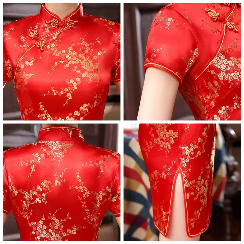 짧은 Cheongsam 복장 향상된 여성 여름 빈티지 매화 꽃 드레스 슬림 드레스 3XL 4XL