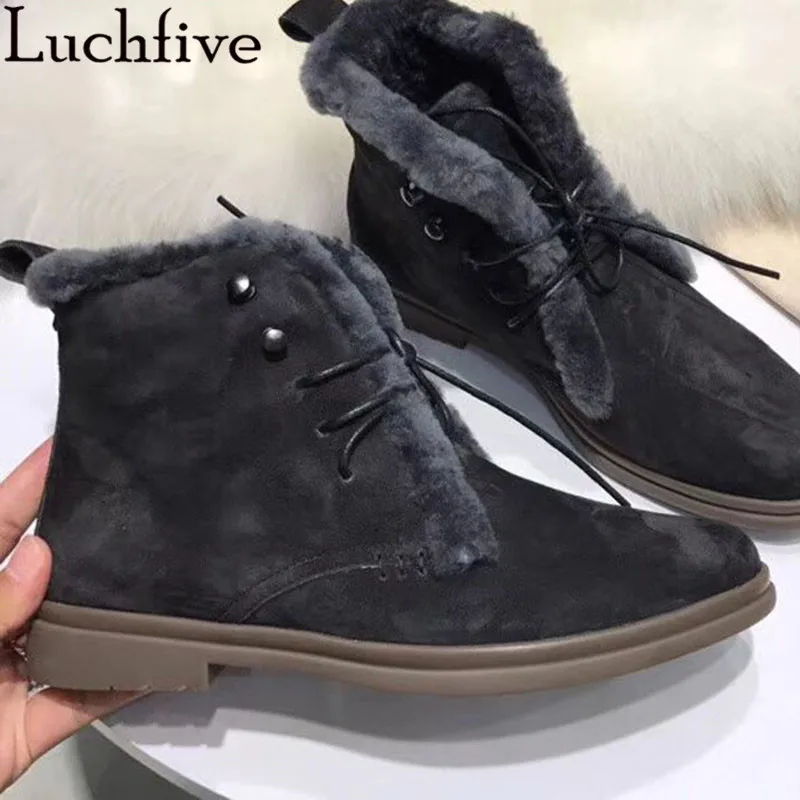 Natural Fur Snow Boots for Women Suede Leather High-help Lace up Flat Ankle  Boots Comfortable Wool Warm Winter Boots Mujer