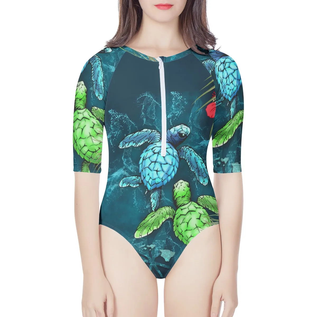 Print on Demand Bikini Polynesian Hawaiian Turtle Printed 100% Premium Polyester Fabric Swimsuit Zipper Closed Long Sleeve Brief