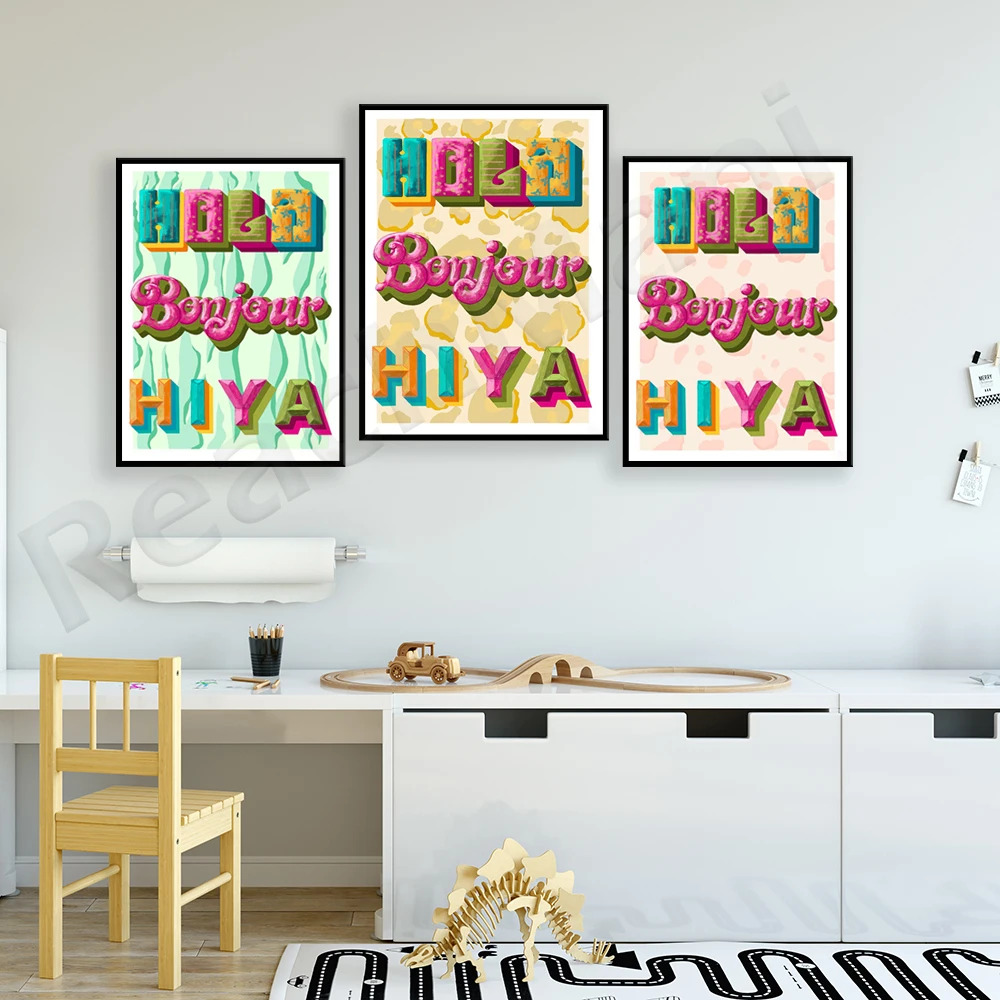 مرحبا بكم، صباح الخير، مرحبا يا ترحيب، Hola bonjour hiya ترحيب طباعة الممر مرحبا ملصق اقتباس انتقائي ملون
