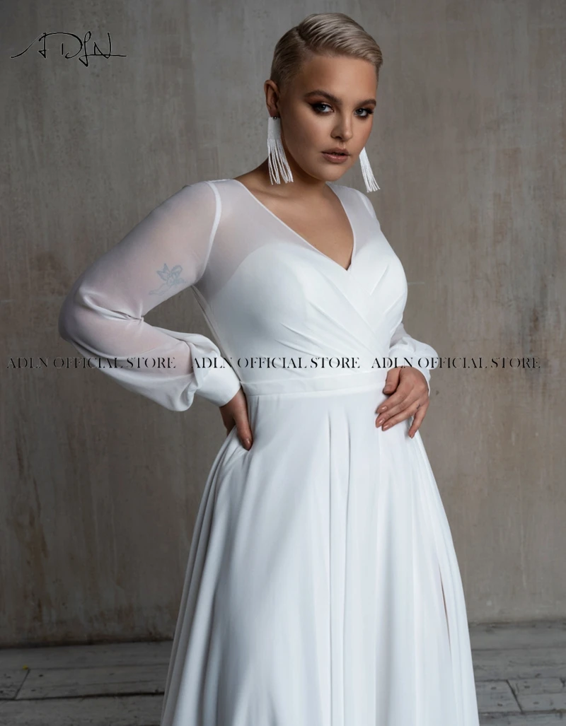 ADLN Simple Plus Size Chiffon Wedding Dress with Slit V-neck Long Sleeves Bride Dress Floor Length Split Beach Bridal Gown