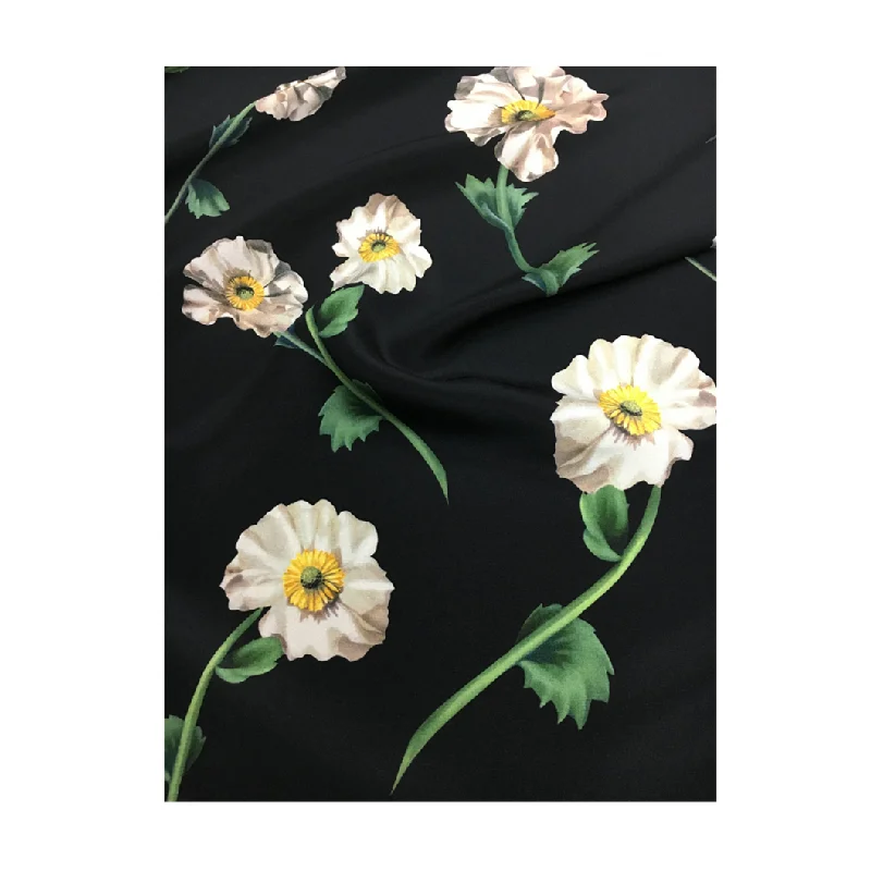 Elegant poppies print black bottom heavy crepe stretch digital printing fabric cloth natural mulberry silk haute couture fabrics