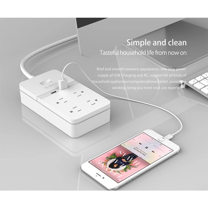 ORICO 8AC Outlets 2 USB Ports US Plug Electrical Socket Extension Power Strip For Office  Surge Protector