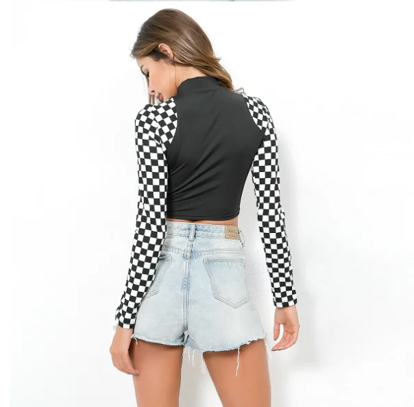 Sexy Black White Plaid Checkerboard Long Sleeve T-shirt Women Slim Crop Top Autumn Female Tee Shirt Stand Collar Ladies T-shirts