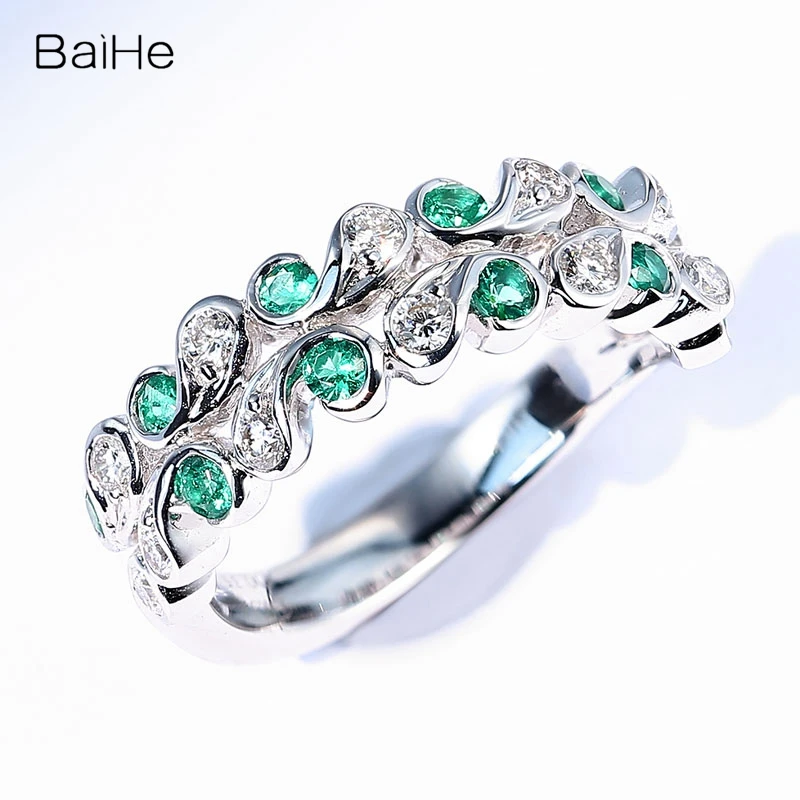 BAIHE Real Solid 14K White Gold Natural Emerald Diamond Ring Women Men Wedding Trendy Fine Jewelry Making Anillo Esmeralda