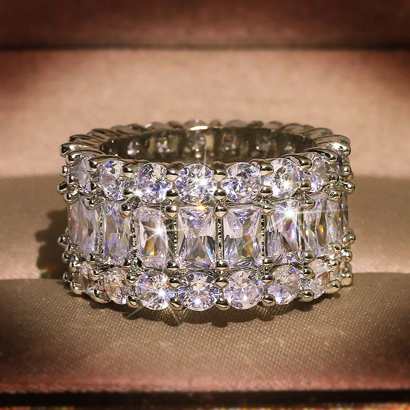 Women's AAA Zircon Three Layer 925 Silver Engagement Ring