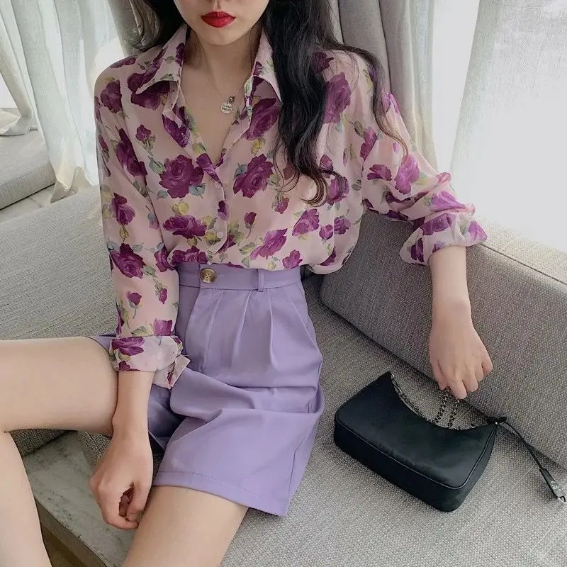 Cheap wholesale 2021 spring summer autumn new fashion casual chiffon women shirt woman female OL purple top Ay1361