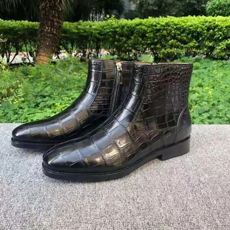 

Newly design 100% Genuine crocodile skin belly leather boots winter fashion style men shoe with cow skin lining brown color