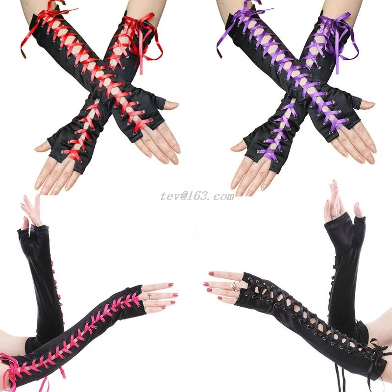 Women Sexy Elbow Length Fingerless Long Gloves String Ribbon  Lace Up Dance Gothic Style Cosplay Mittens Arm Warmer