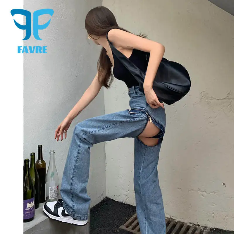 

FAVRE Women Jeans Hot Girl Careful Machine Zipper Two-Wear Jeans Summer Womens High Waist Slim Shorts Straight-Leg Pants