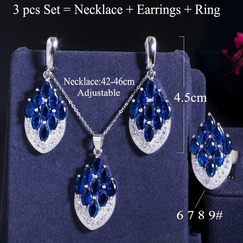 CWWZircons Artistic Vintage Cubic Zircon Jewelry Colorful CZ Crystal Big Drop Ring Pendant Necklace Earring Set for Women T0009