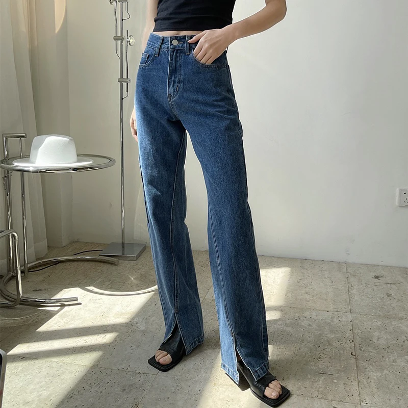 Summer women's casual solid color high-waist split loose jeans