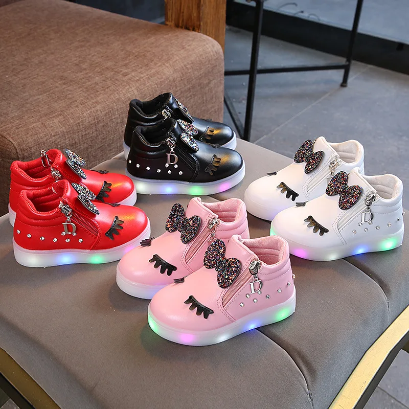 

Size 21-30 Cute Children Glowing Sneakers Kid Princess Bow for Girls LED Shoes Cute Baby Sneakers with Light Shoes Luminous