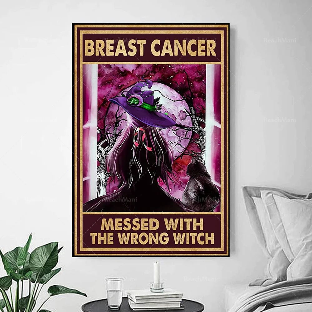 Breast cancer was messed up by the wrong witch poster, breast cancer vertical frameless poster canvas art, breast cancer awarene