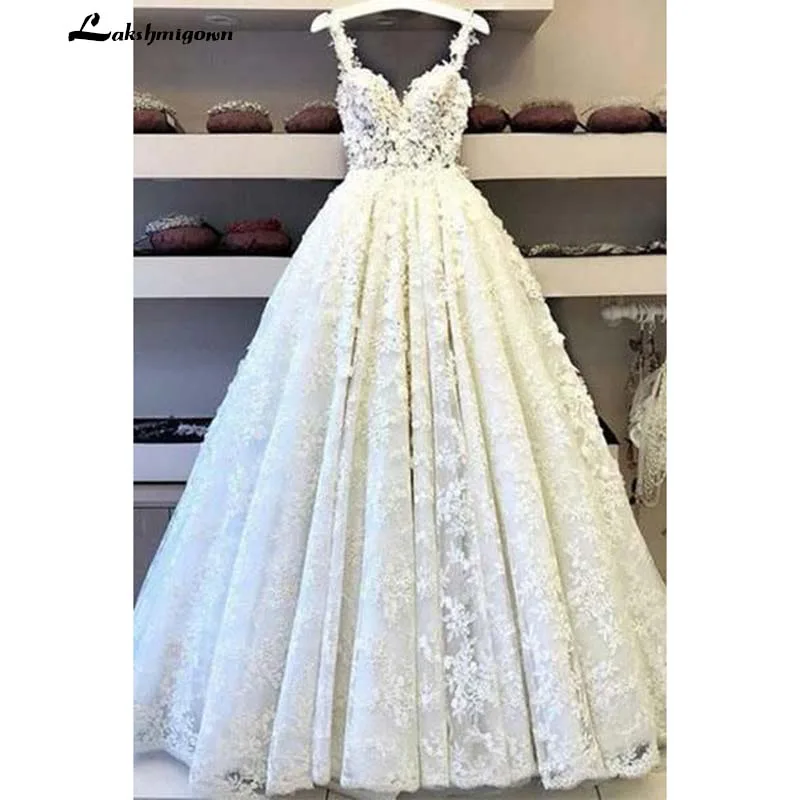 Bầu Ren Appliques Cổ V Cưới Đầm Đầm Cô Dâu Nước Áo Cưới Phồng Váy Đảng Dres