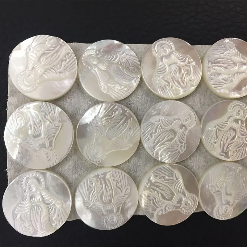 5Pcs 15MM Natural Virgin Mary Medallion Shell Mother of Pearl Shell Beads Jesus Round Shape Charms Fashion Jewelry Pendientes