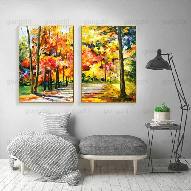 Abstract printing landscape wall painting autumn colorful trees fallen leaves beautiful frameless canvas anti-fading poster