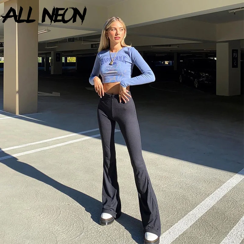 ALLNeon 90s Aesthetics High Waist Black Flare Pants Y2K Streetwear Slim Full Length Basic Trousers Mall Goth Long Pants Women