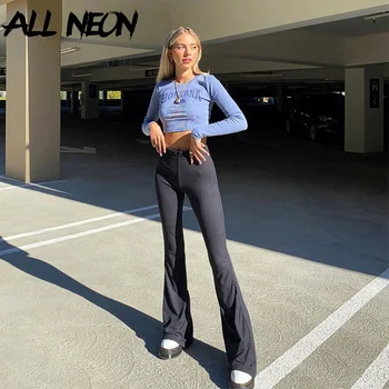 Allneon 90S Esthetiek Hoge Taille Zwart Flare Broek Y2K Streetwear Slanke Volledige Lengte Basic Broek Mall Goth Lange Broek vrouwen