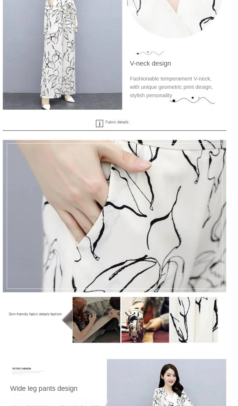 Damen-Freizeitanzug, Sommer, neues zweiteiliges Set, 2025, modisch, weites Bein, lange Hose, halbe Ärmel, Oberteil, koreanischer Stil, bedruckt, Büro-Outfits – Detail 2