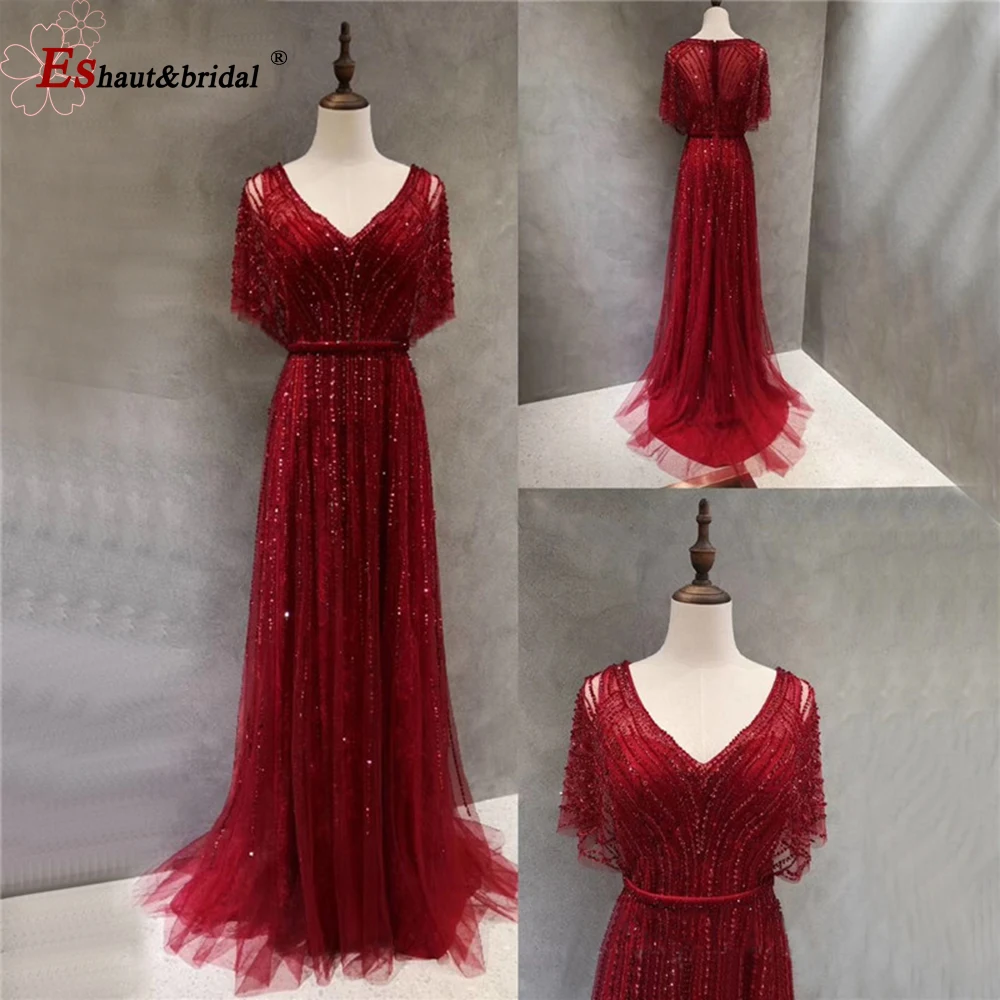 Dubai Burgundy Luxury Mermaid Evening Dresses for Women 2024 Elegant Beading Crystal Formal Wedding Prom Party Gowns Customized