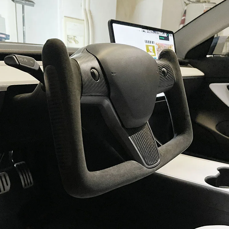 

High Quality Plaid Yoke Alcantara Suede Matte Carbon Fiber Steering Wheel For Tesla Model Y Model 3 2017 2018 2019 2020 2021