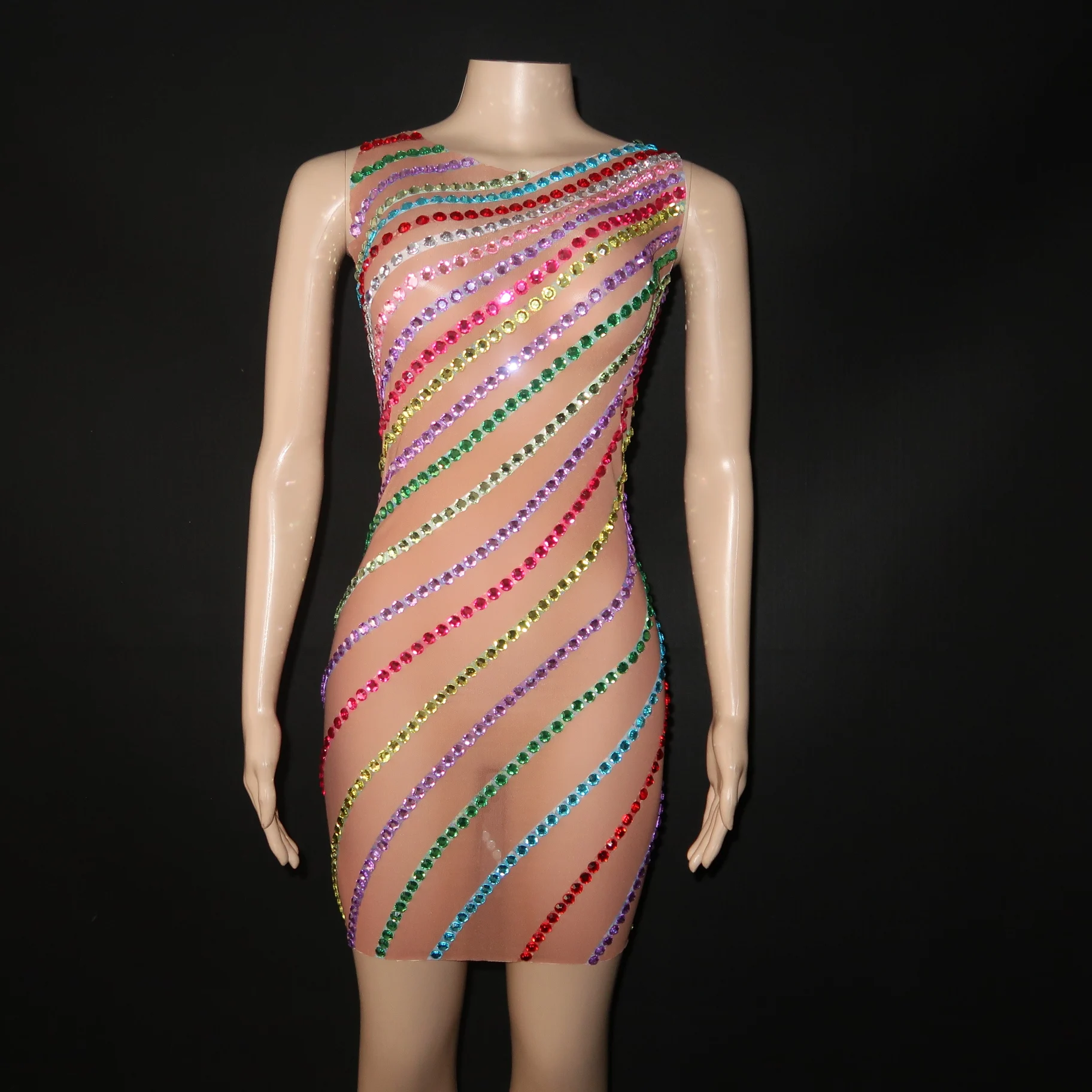 

Colorful Rhinestones Rainbow Design Mesh Sexy Dress Birthday Celebrate Costume Sleeveless MINI Dress Female Singer Outfit