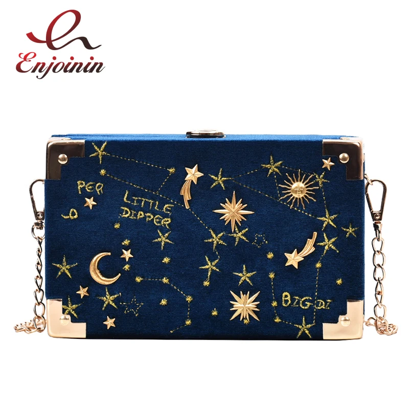 Blue and Black Box Shape Clutch Bag Embroidery Fashion Women Crossbody Shoulder Bag 2021 Purses and Handbags Chain Bag Corduroy