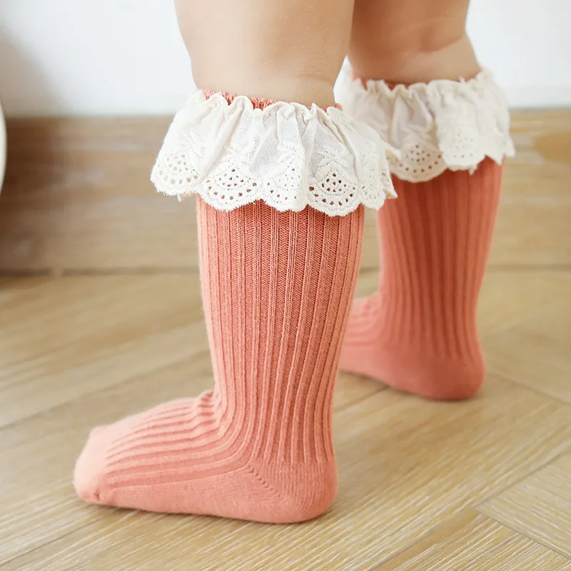 Lawadka Newborn Baby Girl Socks Lace Baby Knee Socks Anti Slip Cotton Socks for Girls Princess Long Autumn Winter Stockings 0-3T